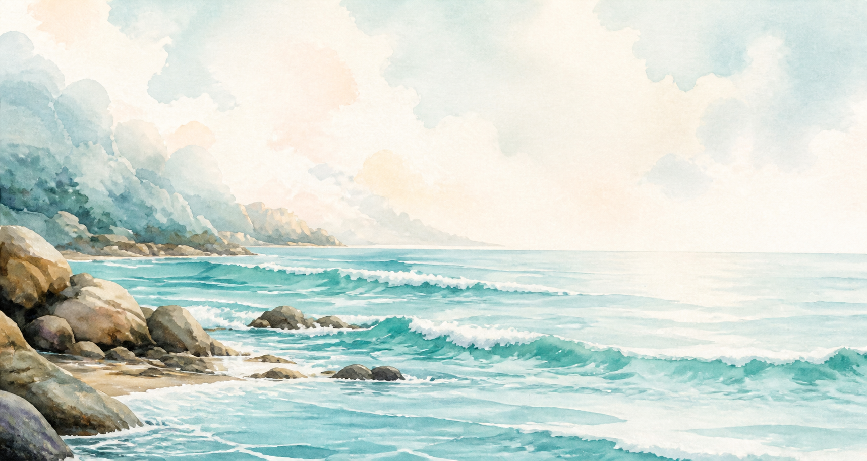Soft watercolor view of turquoise waves meeting a rocky coastal shoreline beneath an airy sky.